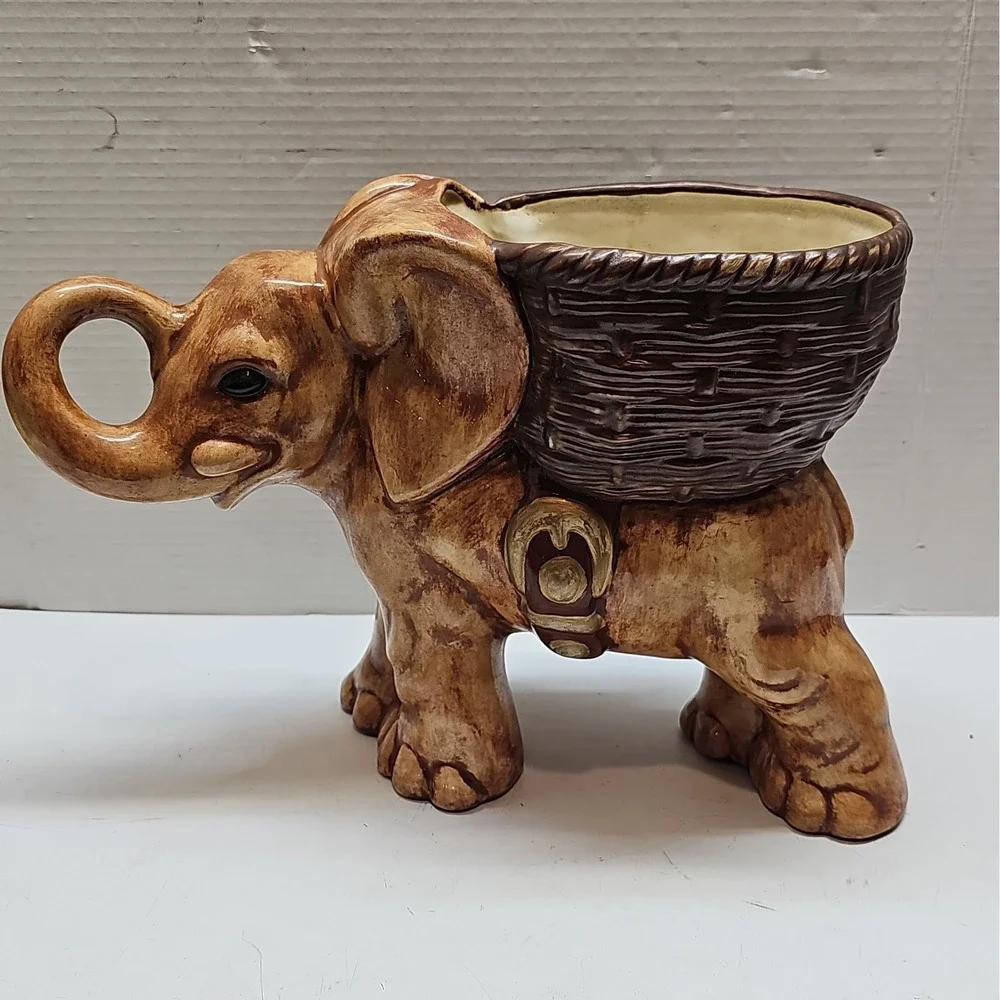 Vintage 1970s Glazed Ceramic Elephant Planter